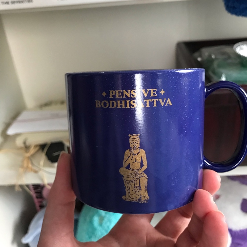 Pensive Bodhisattva Blue Ceramic Mug with Gold Print